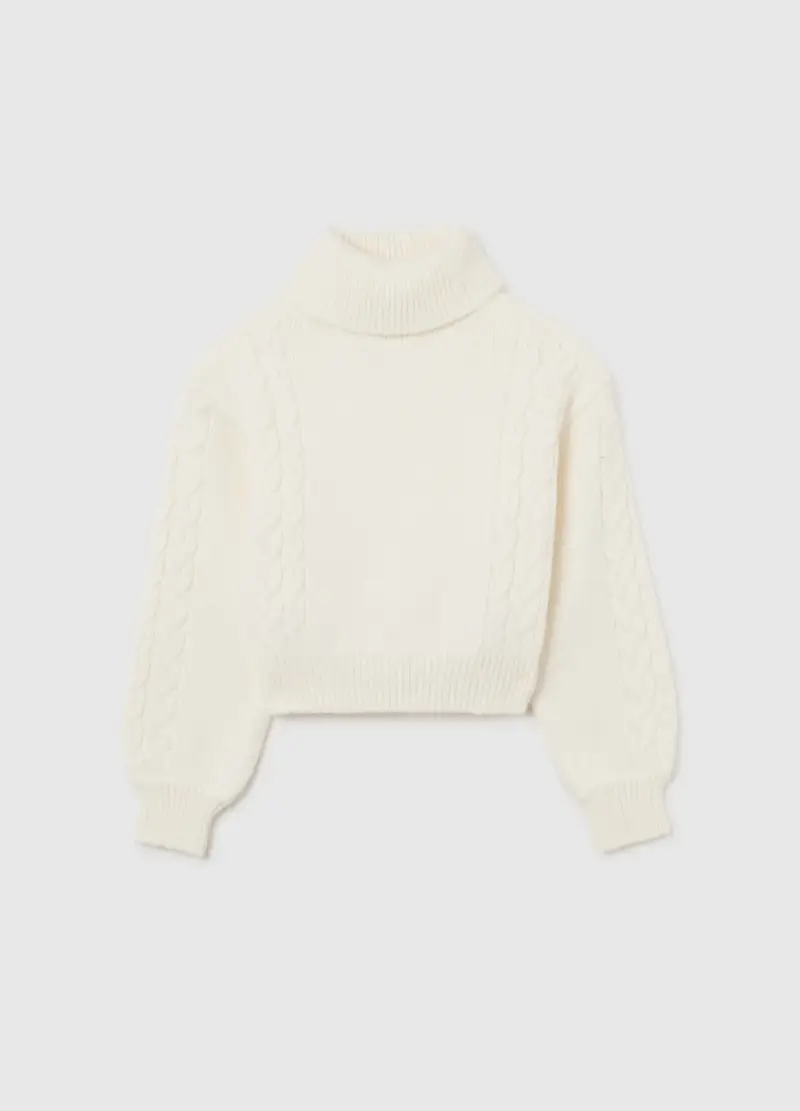 Maglione A Collo Alto Bianco Da Ragazza Regular Fit Intrecciato, Bambina, Bianco
