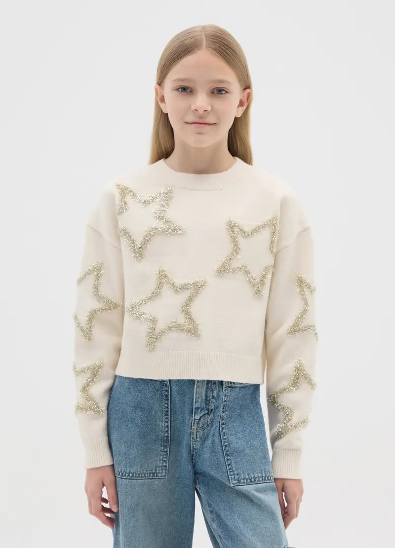Maglione Beige Da Ragazza Regular Fit Con Stelle Decorative, Bambina, Beige
