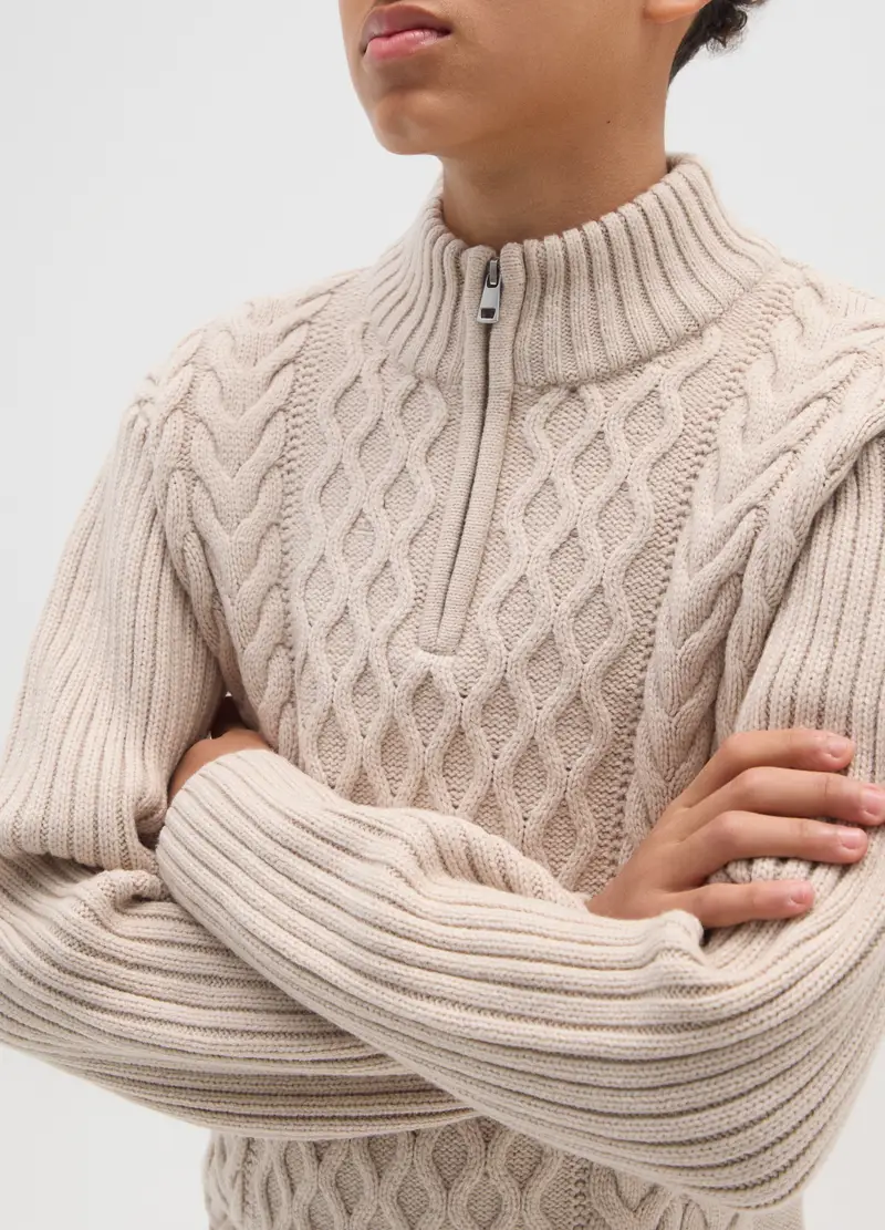 Maglione Beige Da Ragazzo Regular Fit Con Design A Treccia E Mezza Zip, Bambino, Beige miniatura 3