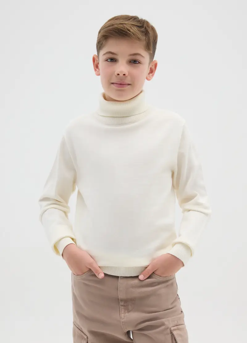 Maglione Bianco A Collo Alto Da Ragazzo In Puro Cotone Regular Fit, Bambino, Bianco