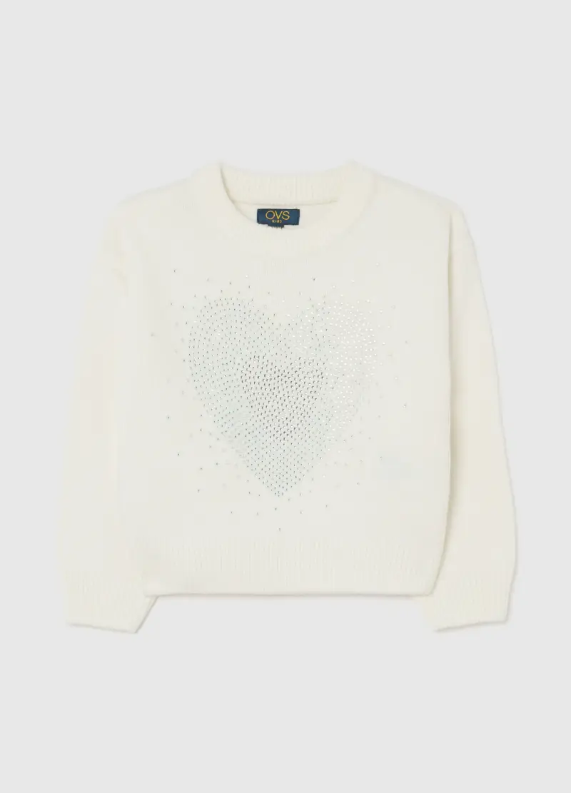 Maglione Bianco Da Bambina Regular Fit Con Cuore In Strass, Bianco
