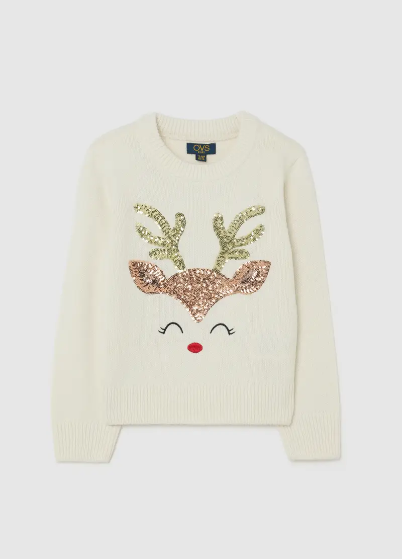 Maglione Bianco Da Bambina Regular Fit Con Decori Glitterati, Bianco