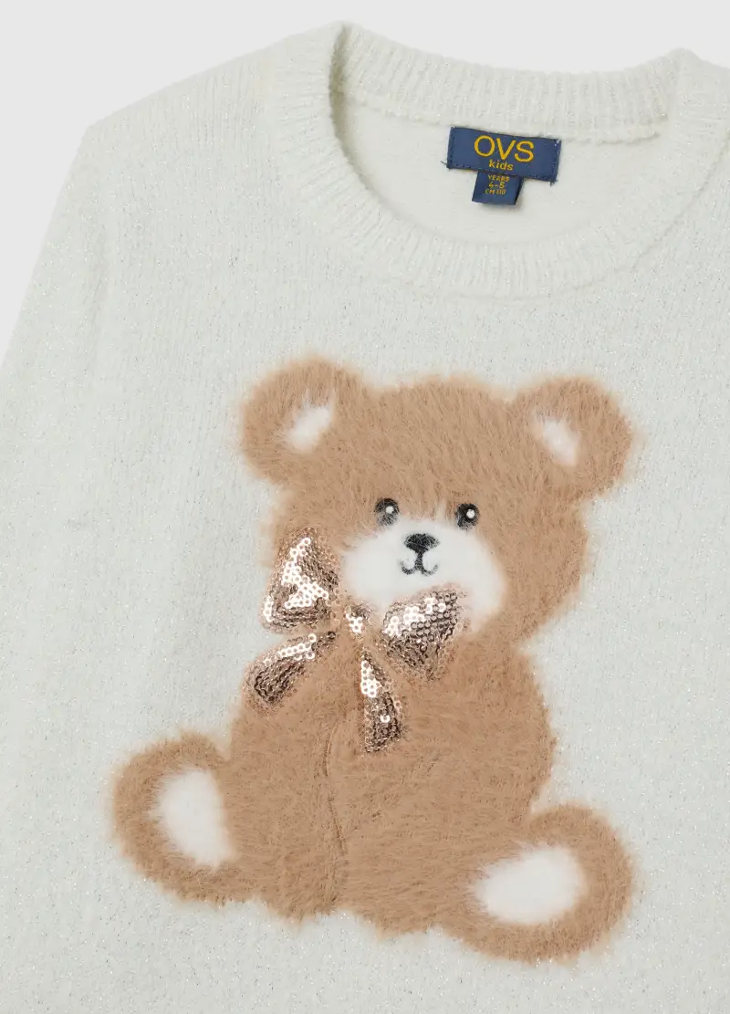 Maglione Bianco Da Bambina Regular Fit Con Motivo Orsetto E Paillettes, Bianco miniatura 3