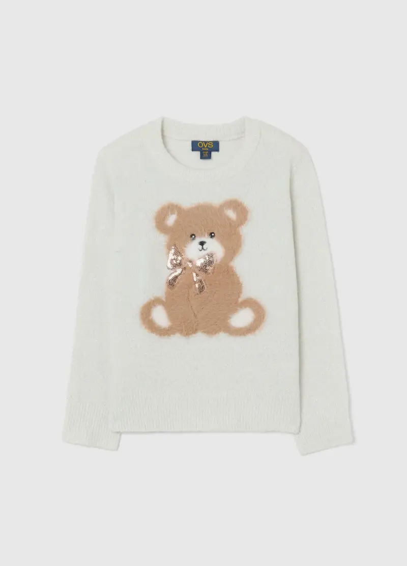 Maglione Bianco Da Bambina Regular Fit Con Motivo Orsetto E Paillettes, Bianco