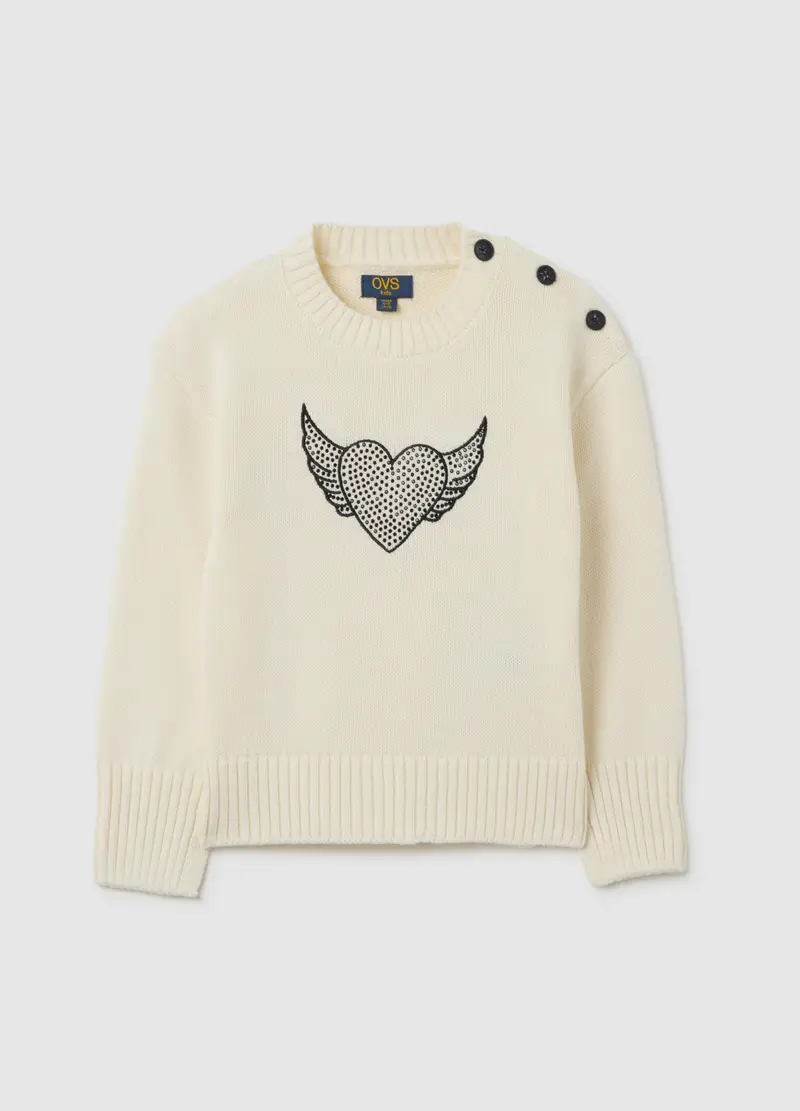 Maglione Bianco Per Bambina Con Cuore Ricamato, Beige