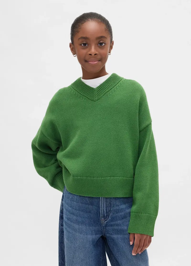 Maglione Con Scollo A V, Bambina, Verde