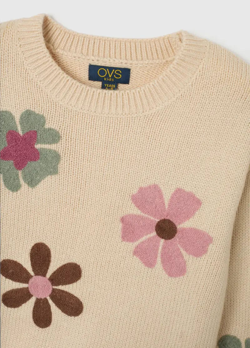 Maglione Da Bambina Beige Regular Fit Con Fiori, Beige miniatura 3