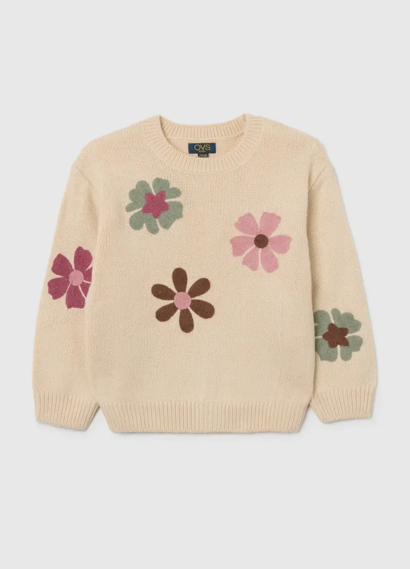 Maglione Da Bambina Beige Regular Fit Con Fiori, Beige