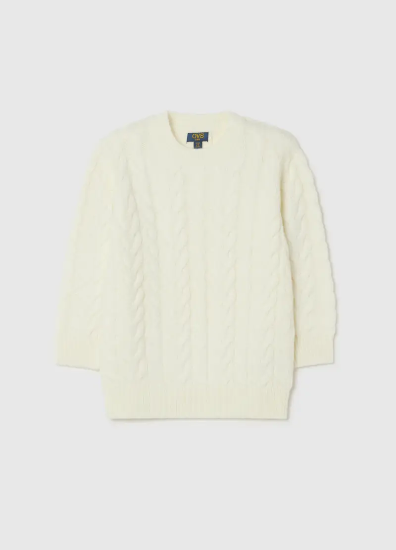 Maglione Da Bambina Bianco A Trecce Vestibilità Over, Bianco