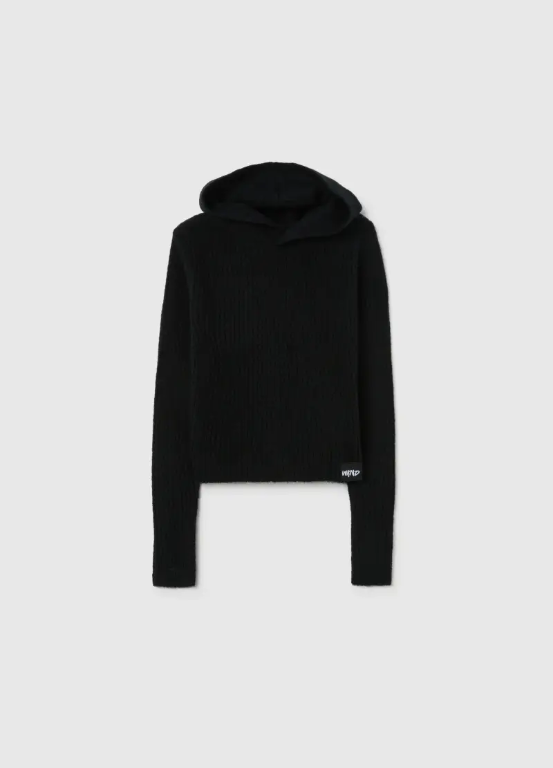 Maglione Da Ragazze In Misto Lana Nero Vestibilità Fitted Con Cappuccio, Bambina, Nero