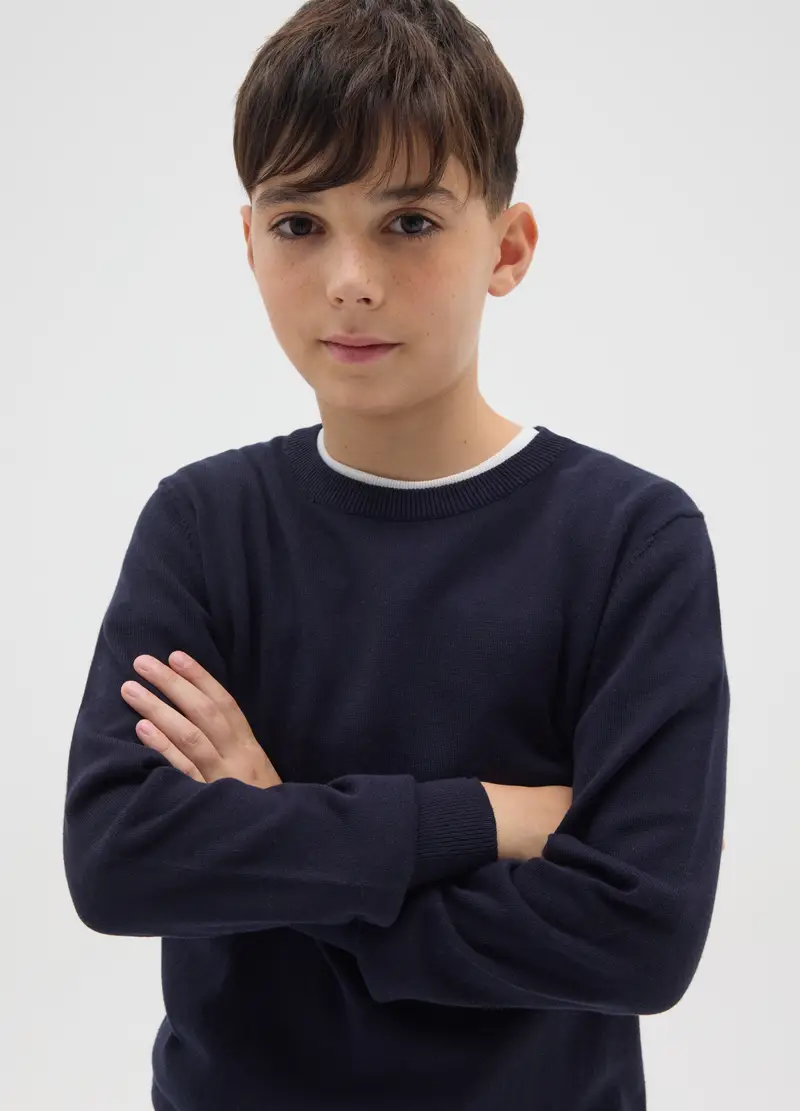 Maglione Da Ragazzo Blu Scuro In Puro Cotone Regular Fit, Bambino, Blu miniatura 3