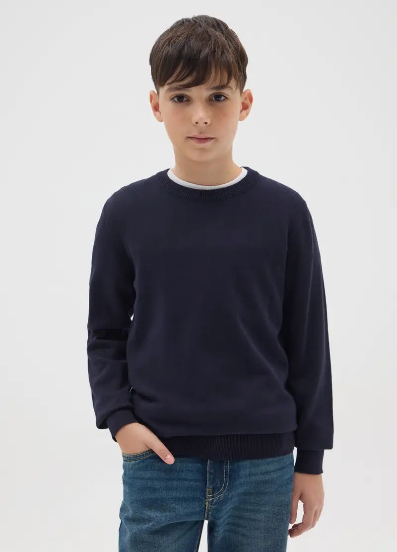 Maglione Da Ragazzo Blu Scuro In Puro Cotone Regular Fit, Bambino, Blu