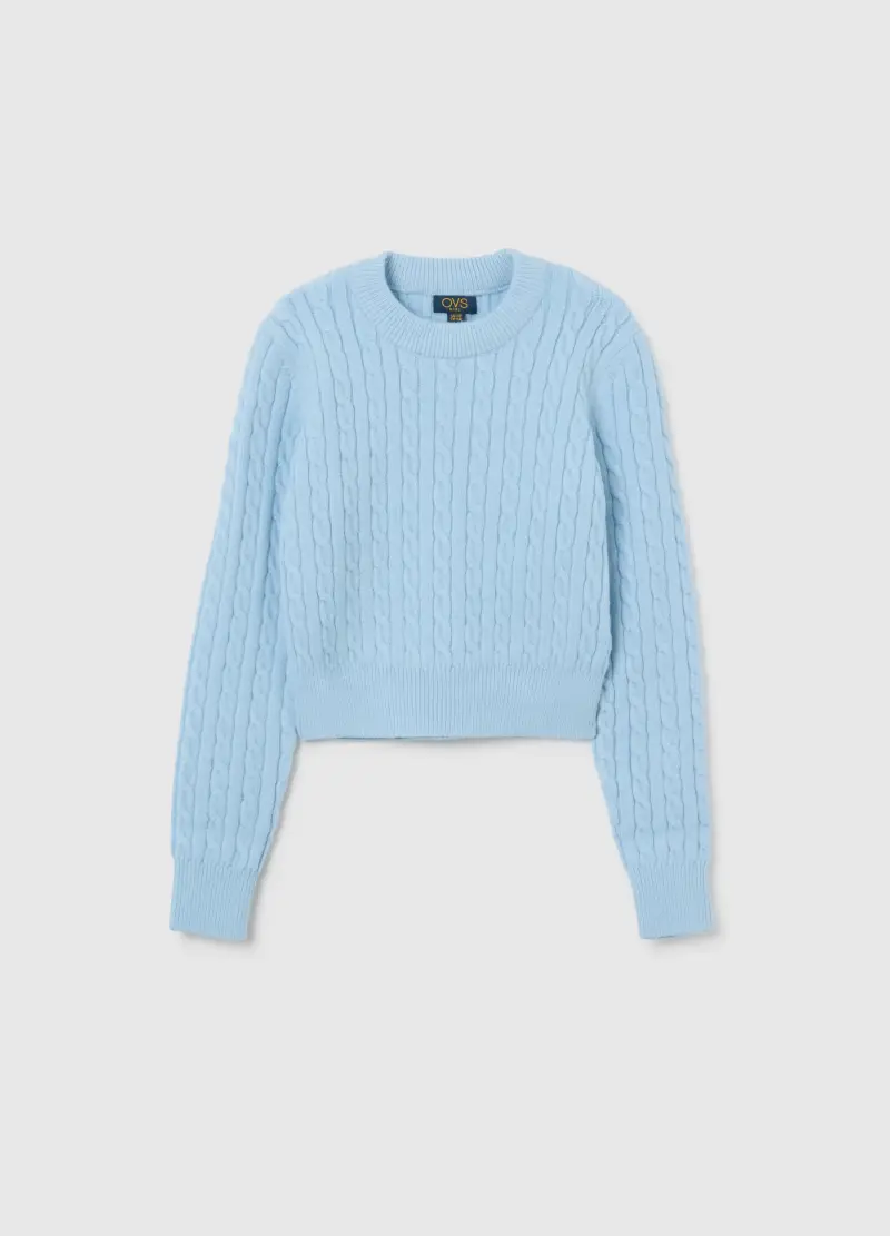 Maglione Girocollo Azzurro Da Ragazza Con Motivo A Treccia Regular Fit, Bambina, Azzurro