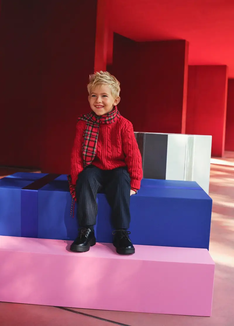 Maglione Girocollo Rosso Da Bambino Regular Fit Con Design A Trecce, Rosso