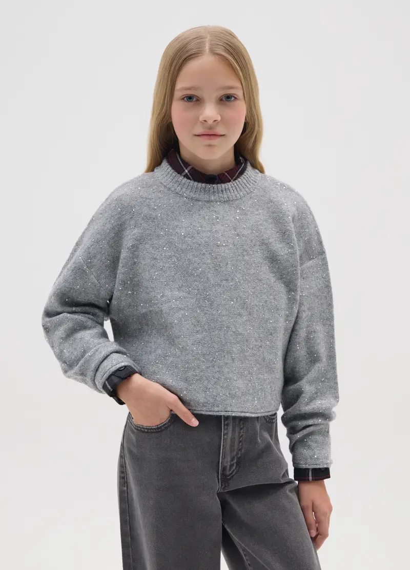 Maglione Grigio Con Lurex A Girocollo, Bambina, Grigio