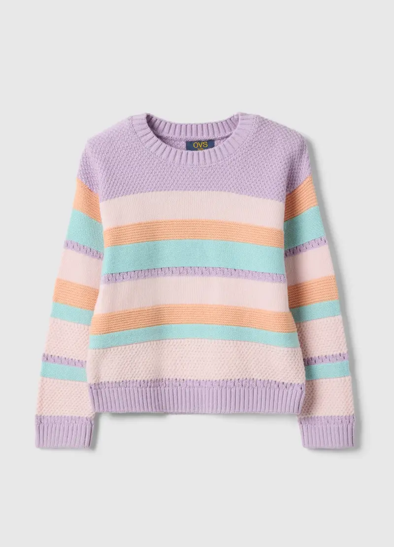 Maglione In Puro Cotone A Righe Multicolor Regular Fit Per Bambina, Multicolor