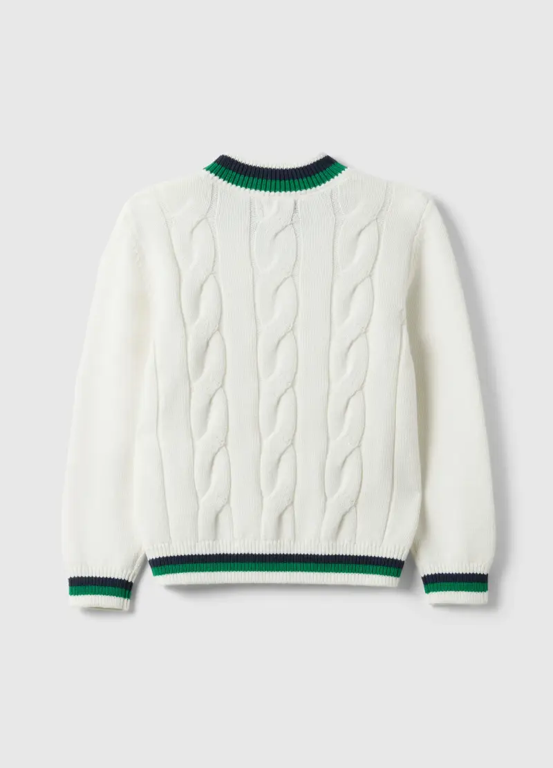 Maglione In Puro Cotone Bianco Da Bambino Regular Fit Con Collo A V, Bianco miniatura 2