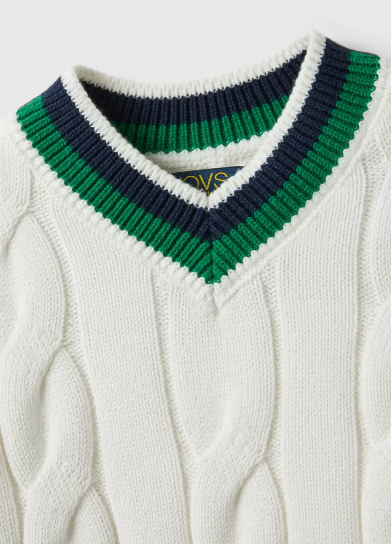 Maglione In Puro Cotone Bianco Da Bambino Regular Fit Con Collo A V, Bianco miniatura 3