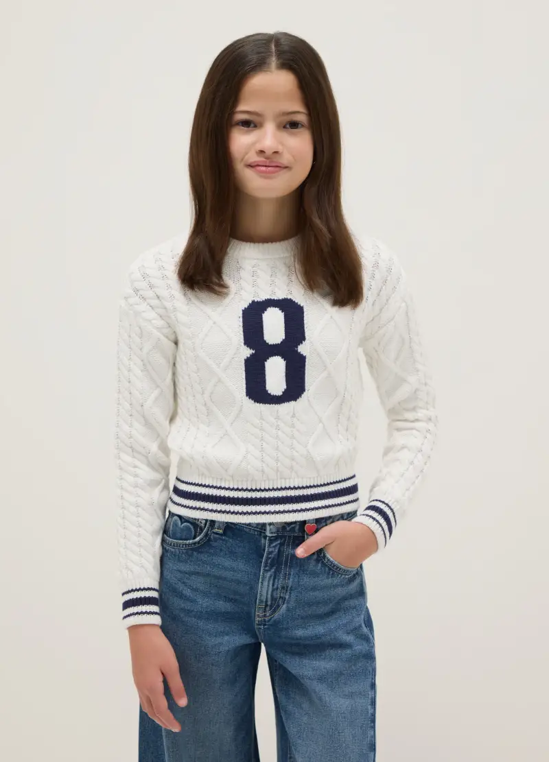 Maglione In Puro Cotone Bianco Da Ragazza Regular Fit Con Ricamo, Bambina, Bianco