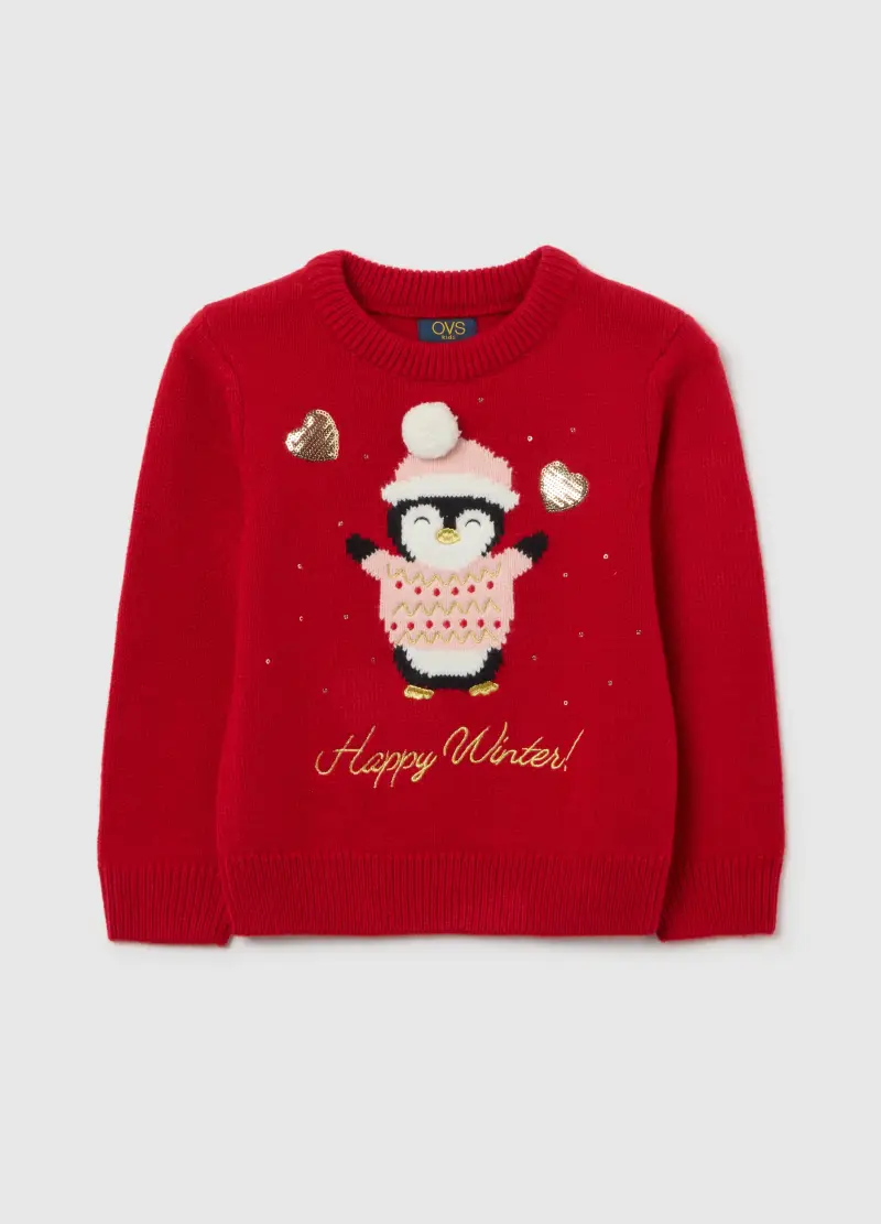 Maglione Rosso Da Bambina Regular Fit Con Motivo A Pinguino, Rosso