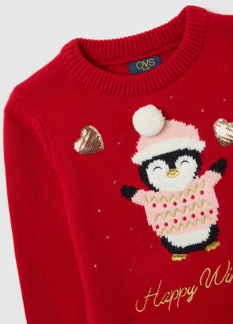 Maglione Rosso Da Bambina Regular Fit Con Motivo A Pinguino, Rosso miniatura 3