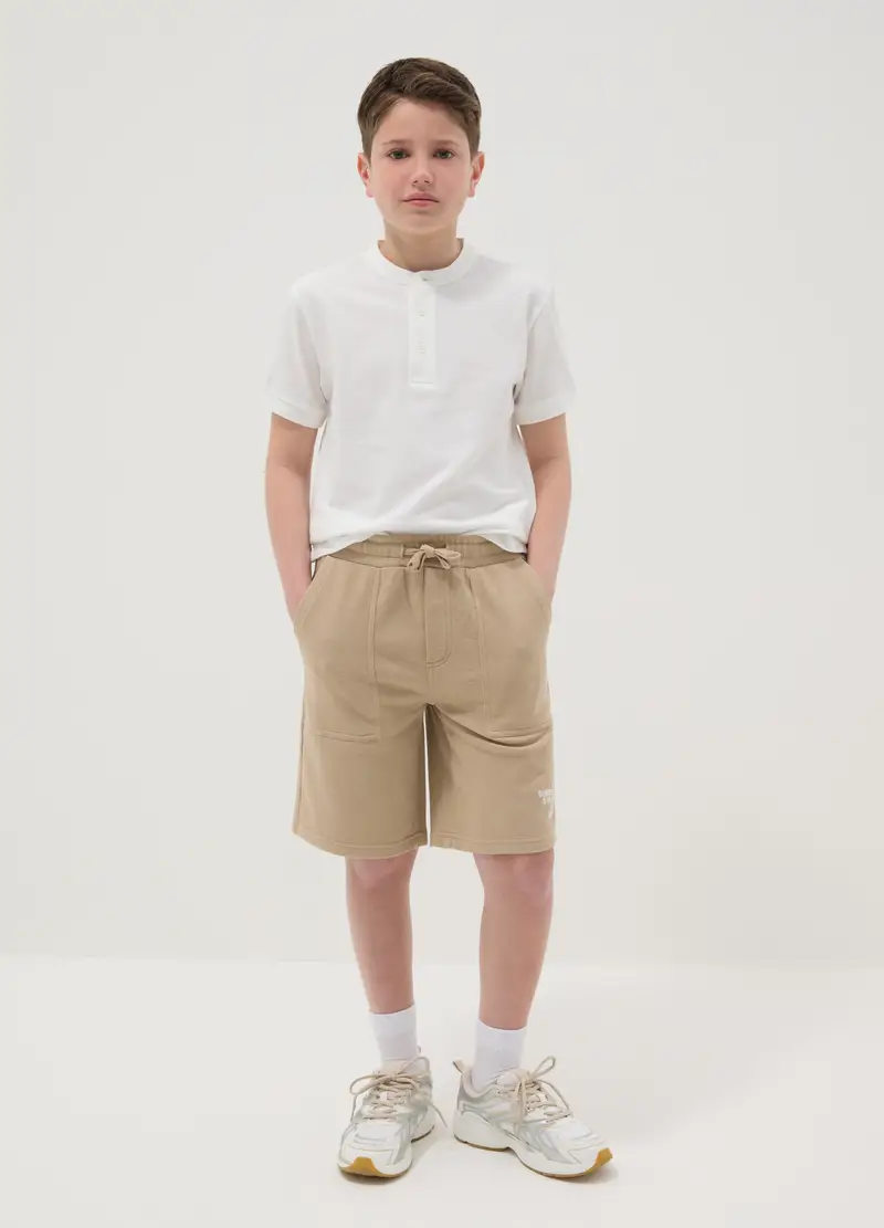 Pantaloncini In Puro Cotone Beige Da Ragazzo Regular Fit, Bambino, Beige