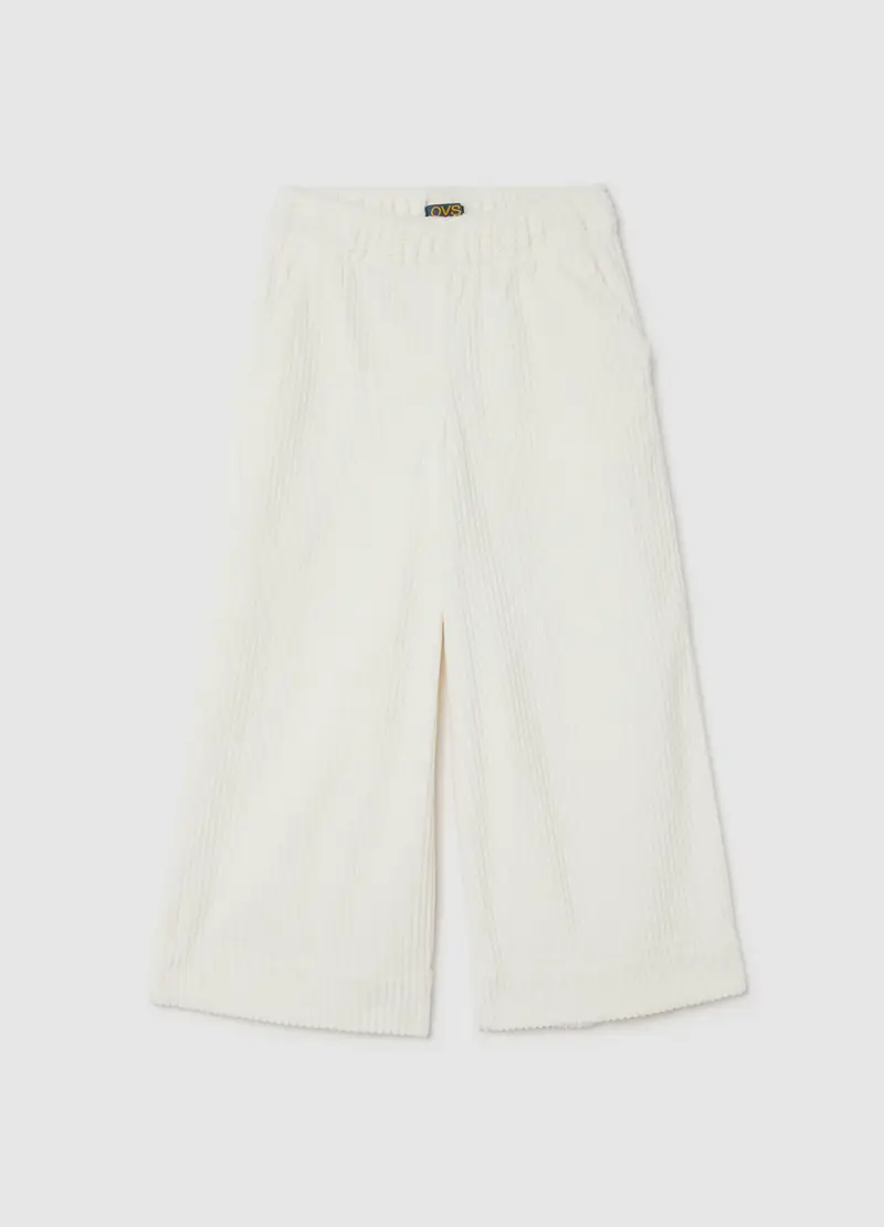 Pantaloni Bianchi A Vita Regolare In Misto Tessuto, Bambina, Bianco