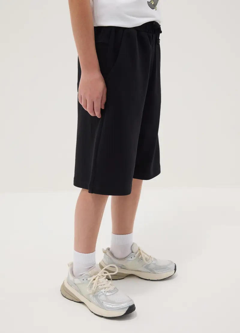 Pantaloni Corti In Puro Cotone Nero Da Ragazzo Relaxed Fit, Bambino, Nero miniatura 2