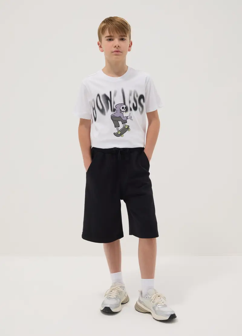 Pantaloni Corti In Puro Cotone Nero Da Ragazzo Relaxed Fit, Bambino, Nero