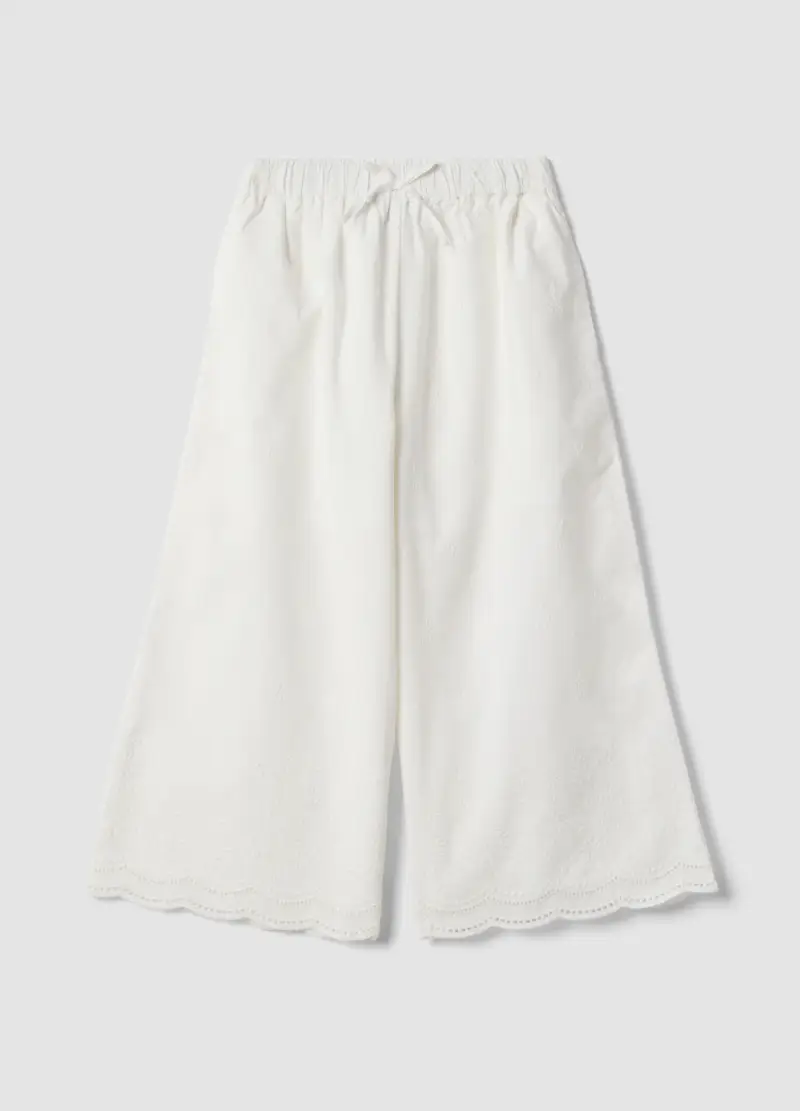 Pantaloni Culotte In Puro Cotone Bianchi Da Bambina Con Ricami, Bianco