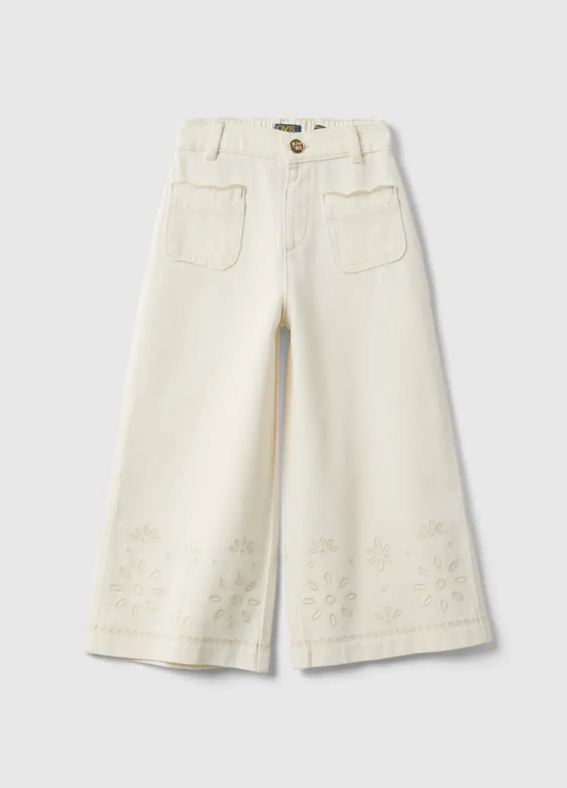 Pantaloni Culotte In Puro Cotone Bianco Da Bambina Con Ricami, Bianco