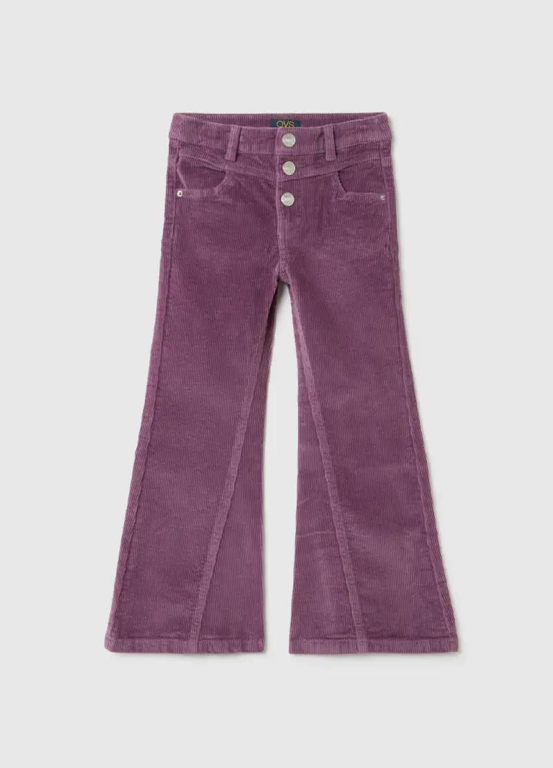 Pantaloni Da Bambina In Cotone E Velluto Viola A Gamba Larga, Viola