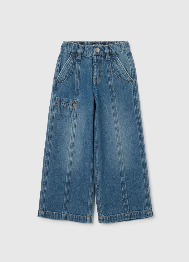 Pantaloni Da Bambina In Puro Cotone Denim A Gamba Larga, Denim