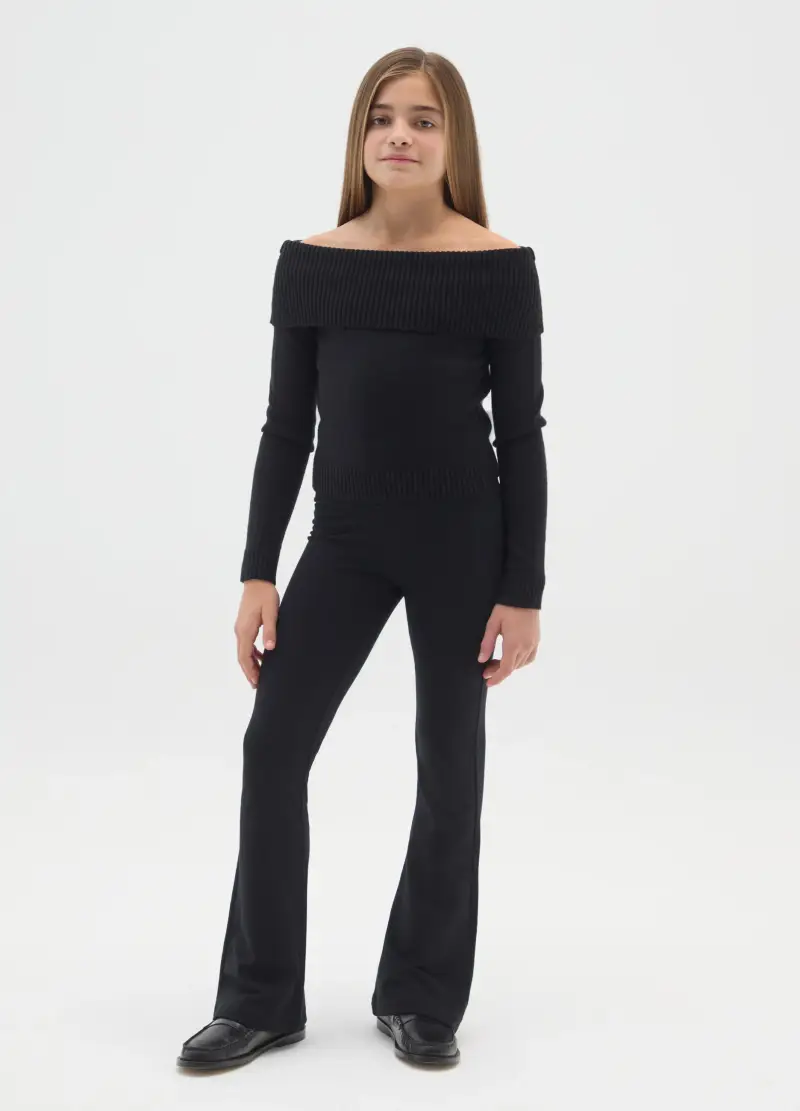 Pantaloni Da Ragazza In Misto Cotone Nero Flare, Bambina, Nero