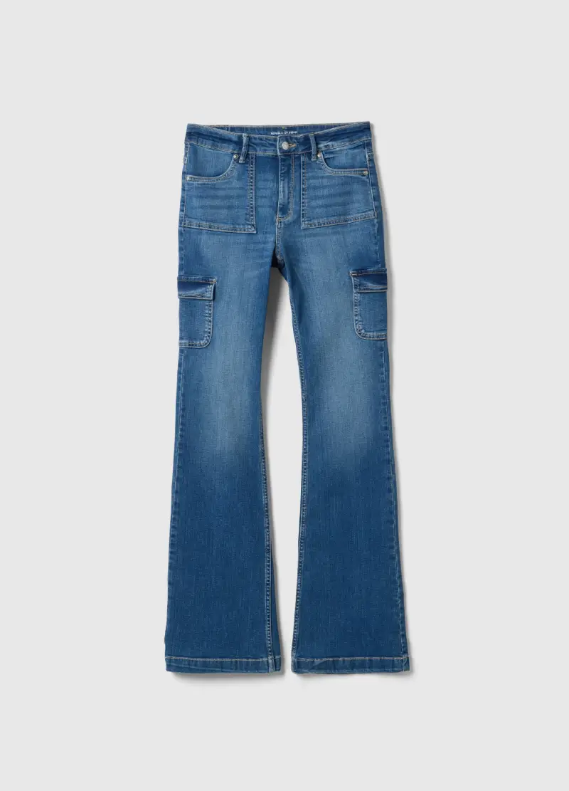 Pantaloni Flare In Cotone Elasticizzato Blu Da Ragazza Regular Fit, Bambina, Blu