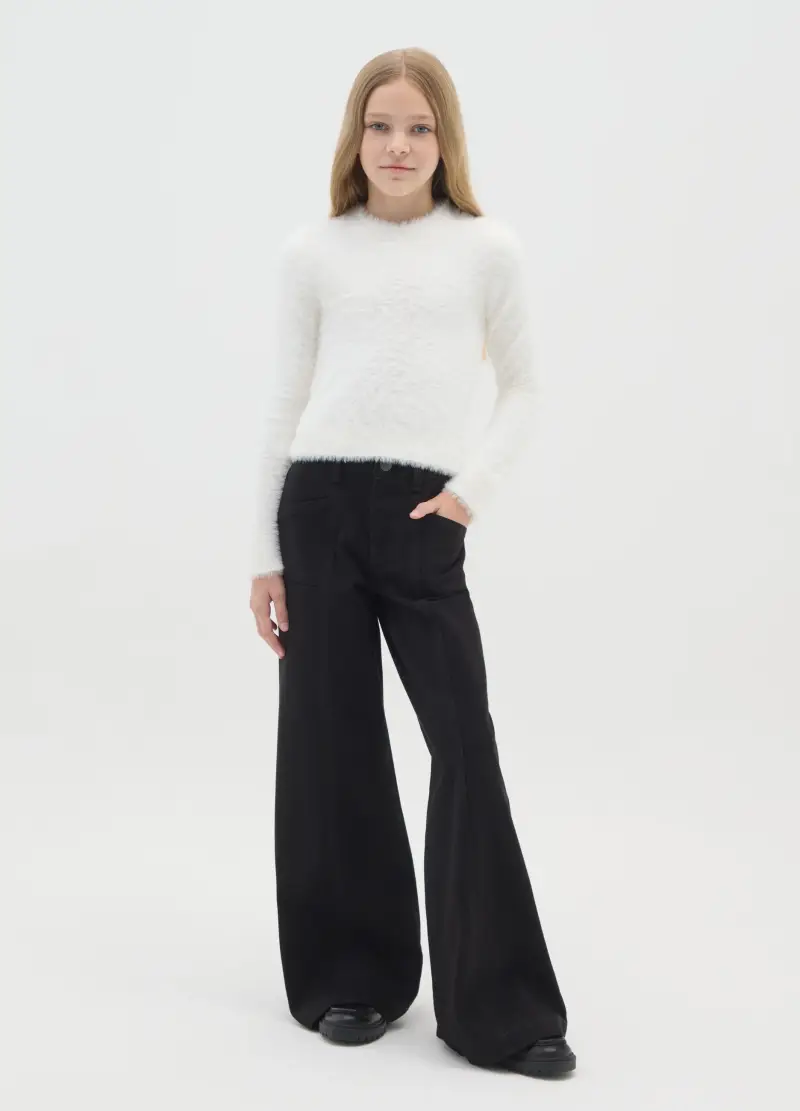 Pantaloni Flare Neri Da Ragazza In Puro Cotone, Bambina, Nero