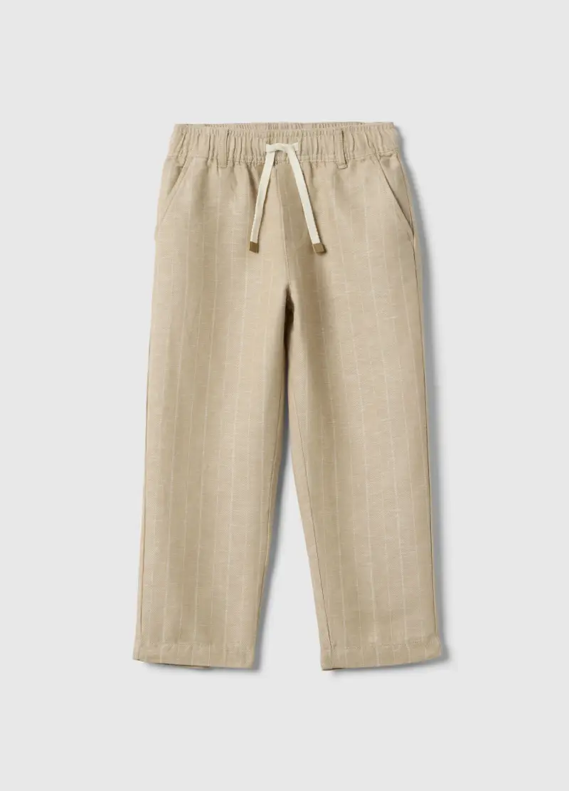 Pantaloni In Misto Lino Beige A Righe Da Bambino Regular Fit, Beige
