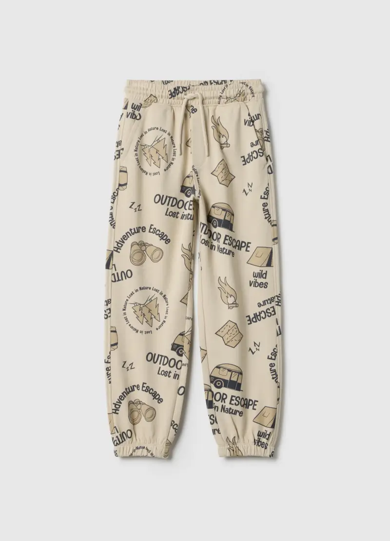 Pantaloni In Puro Cotone Beige Da Bambino Regular Fit Con Stampa, Beige