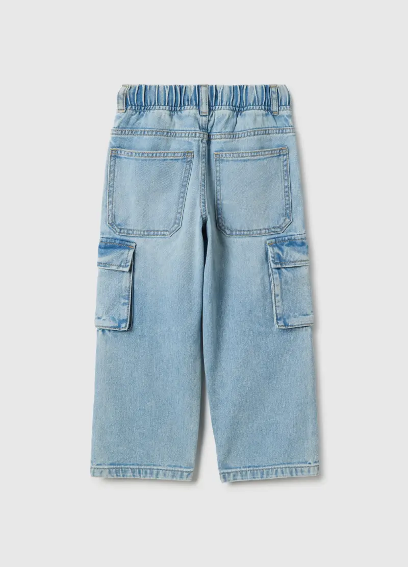 Pantaloni In Puro Cotone Blu Regular Fit Con Tasche Cargo Per Bambino, Denim miniatura 2