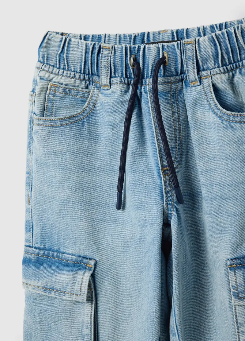 Pantaloni In Puro Cotone Blu Regular Fit Con Tasche Cargo Per Bambino, Denim miniatura 3