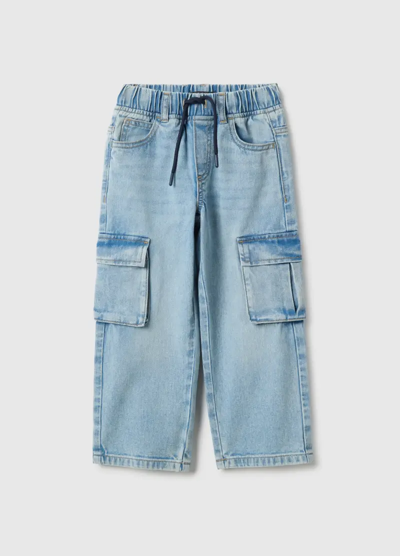 Pantaloni In Puro Cotone Blu Regular Fit Con Tasche Cargo Per Bambino, Denim