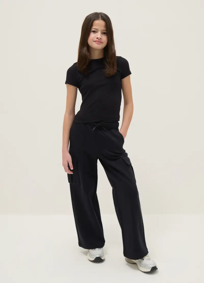 Pantaloni In Puro Cotone Nero Relaxed Fit Per Ragazze, Bambina, Nero