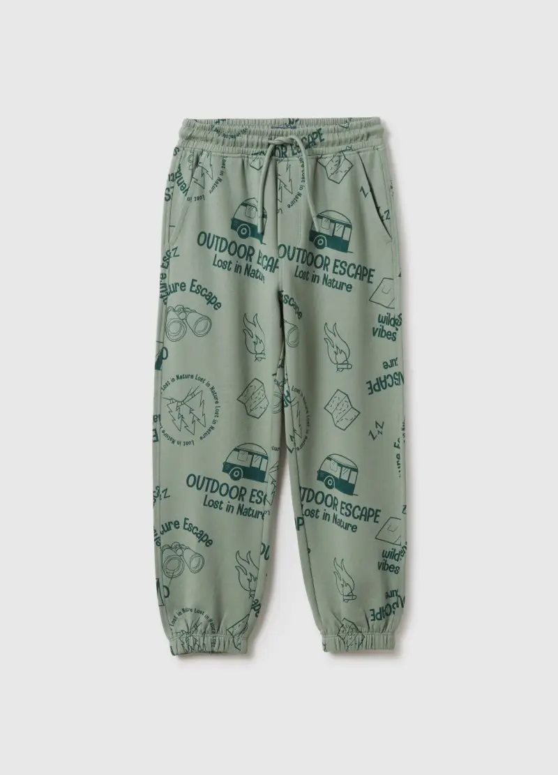 Pantaloni In Puro Cotone Verde Da Bambino Regular Fit Con Stampa, Verde