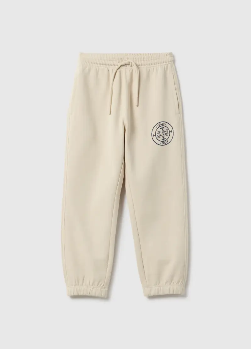 Pantaloni Jogger Beige Da Bambino In Puro Cotone Regular Fit Con Logo, Beige