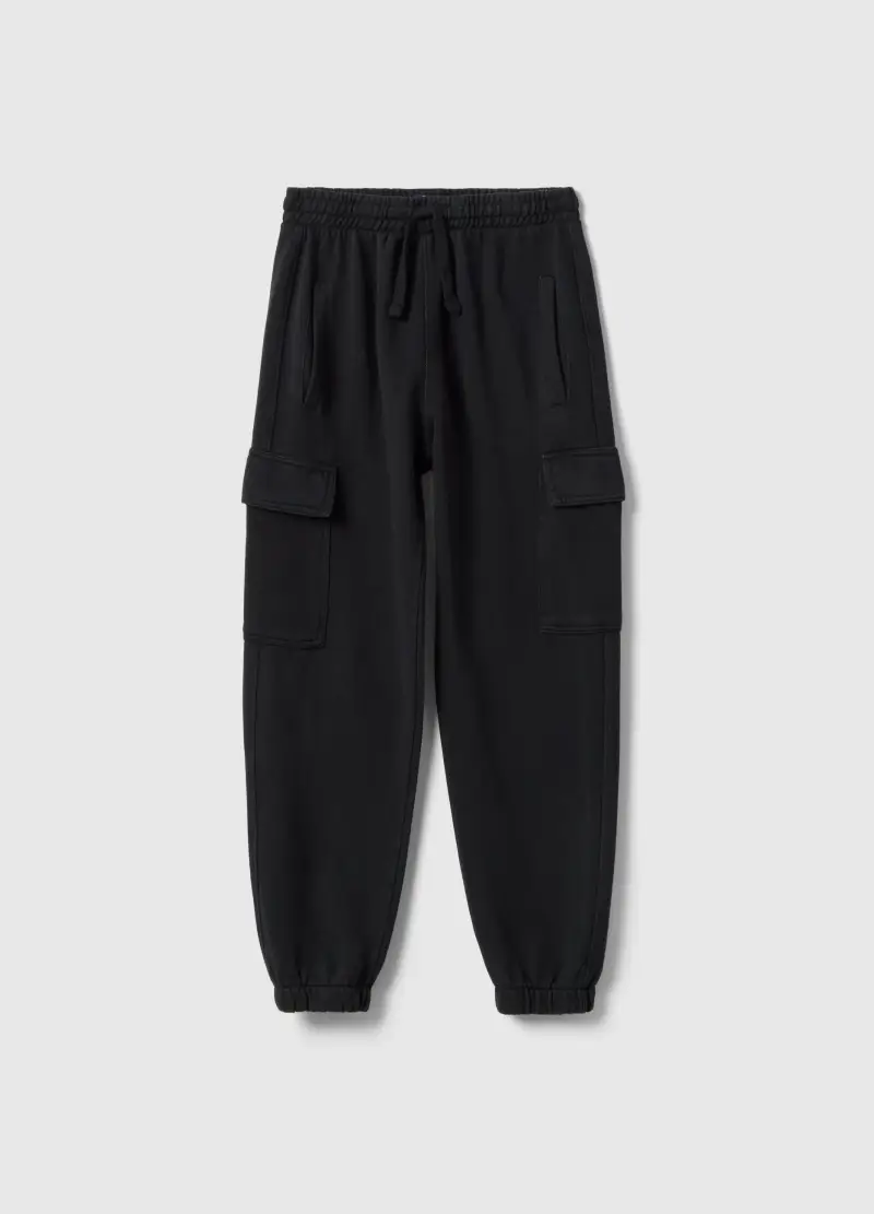 Pantaloni Jogger Cargo In Misto Cotone Nero Da Ragazzo Regular Fit, Bambino, Nero