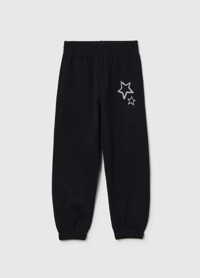 Pantaloni Jogger Da Bambina In Puro Cotone Nero Regular Fit, Nero