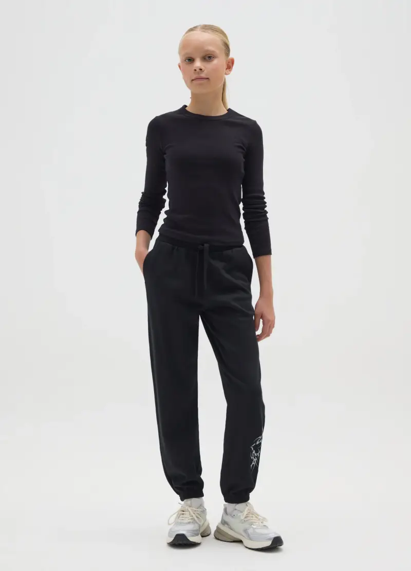 Pantaloni Jogger Da Ragazza In Puro Cotone Nero Regular Fit, Bambina, Nero
