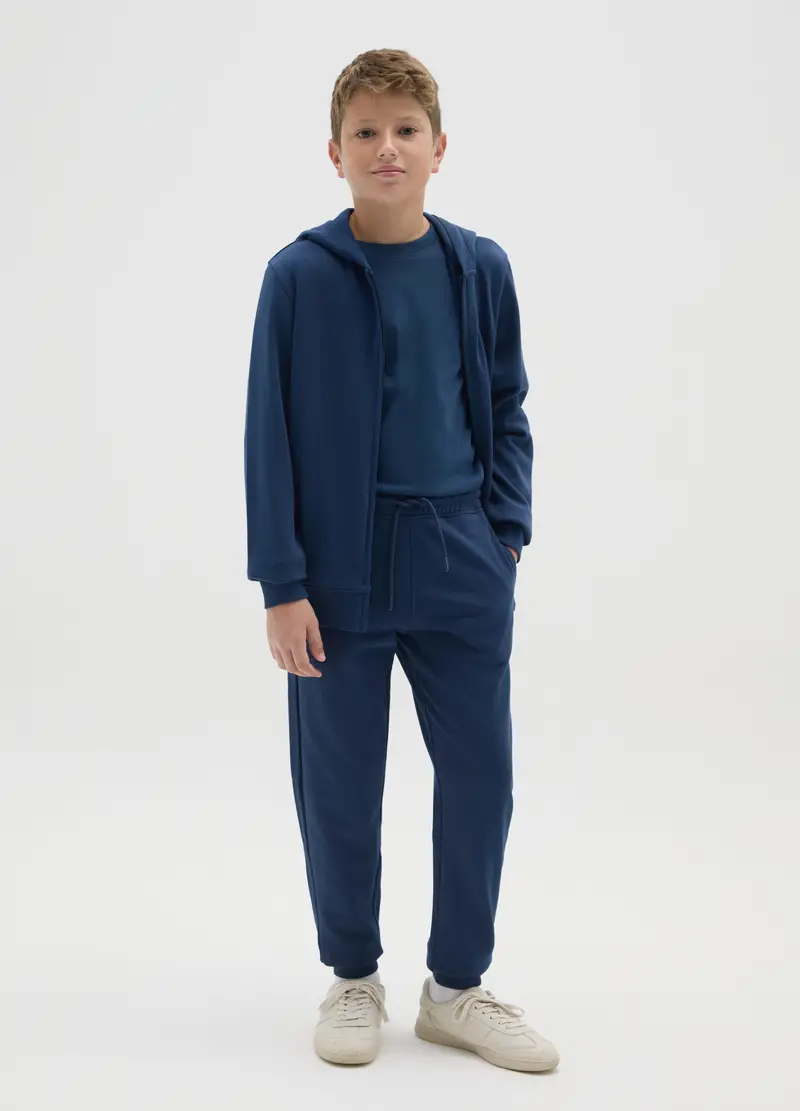 Pantaloni Jogger Da Ragazzo In Puro Cotone Blu Regular Fit, Bambino, Blu