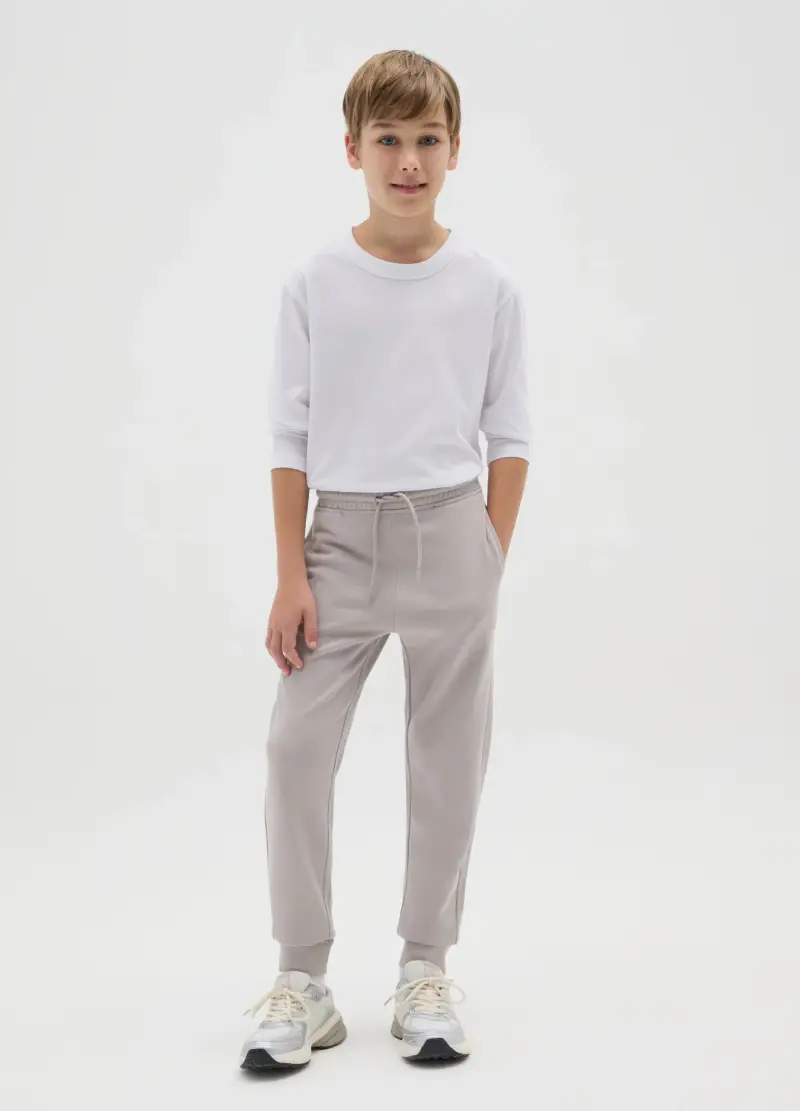 Pantaloni Jogger Da Ragazzo In Puro Cotone Grigio Regular Fit, Bambino, Grigio