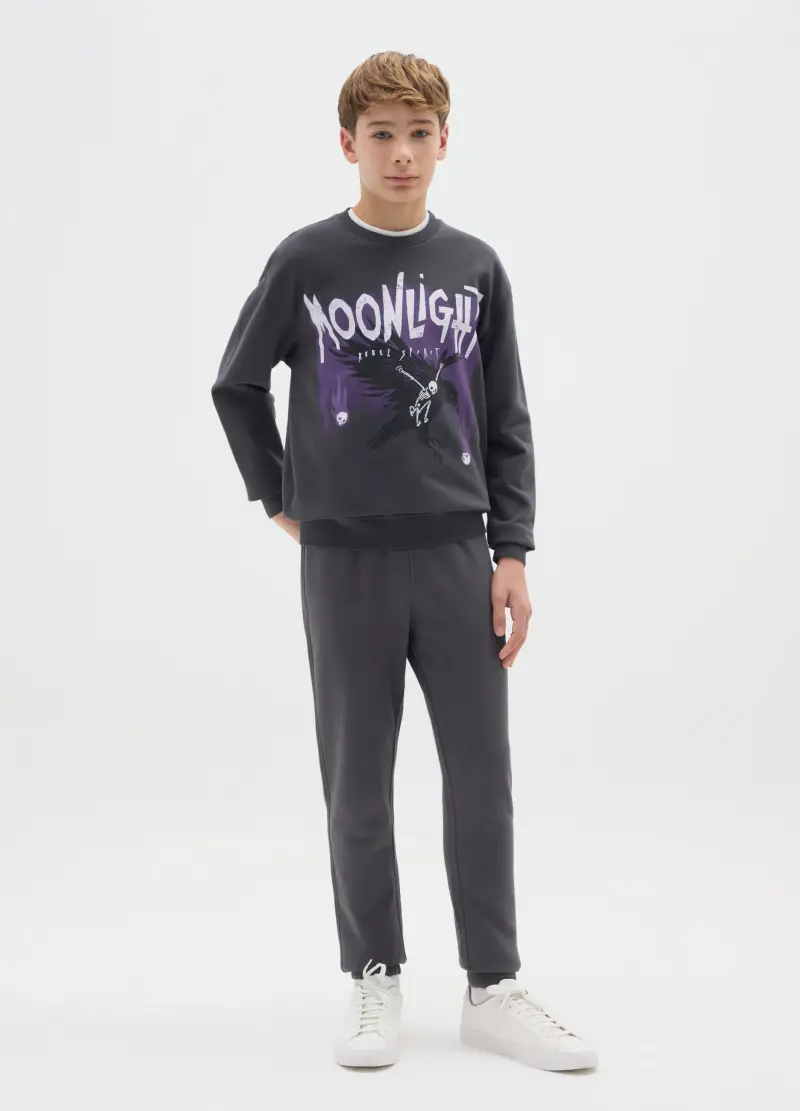 Pantaloni Jogger Da Ragazzo In Puro Cotone Grigio Regular Fit, Bambino, Grigio